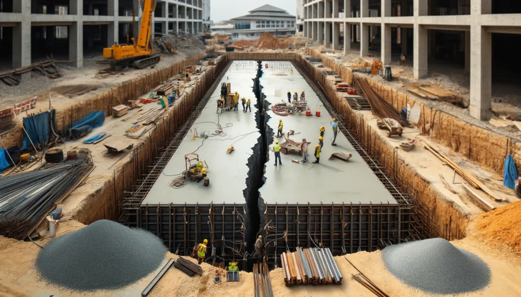 Pęknięta płyta fundamentowa betonowa